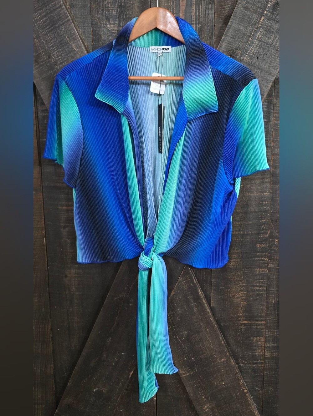 FASHION NOVA Blue-Green Tie Front Short Sleeve Top Sz 2X NWT